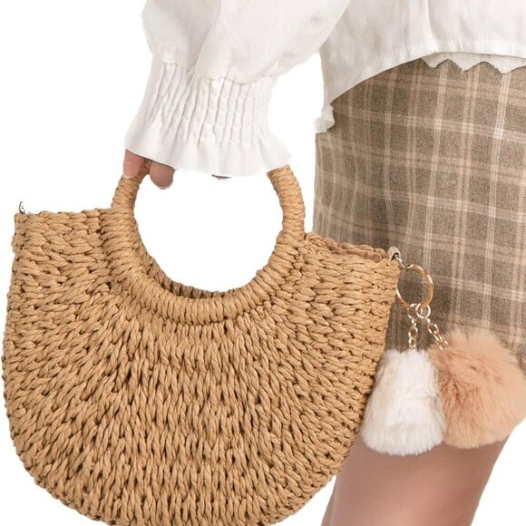Women's Straw Beach Crossbody Bag Mini Tote Handwoven Summer Shoulder - Picture 4 of 7